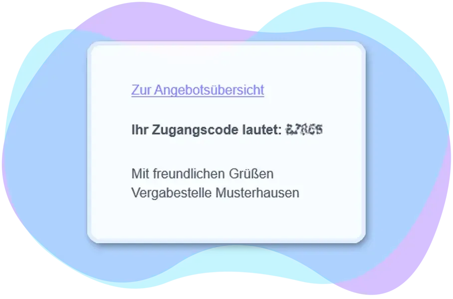 Empfangsbestätigung Screenshots mit Auszug der Empfangsbestätigung per E-Mail mit Zugangscode nach der Angebotsabgabe.