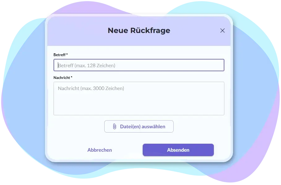 Rückfrage stellen Screenshot der Eingabemaske zum Einreichen einer Rückfrage im Vergabeverfahren.
