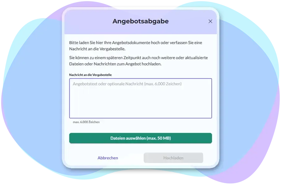 Sicherer Datei-Upload für Bieterinnen und Bieter Screenshot der Eingabemaske in EMMIE für den sicheren Datei-Upload und Textfeld zur Angebotsabgabe.
