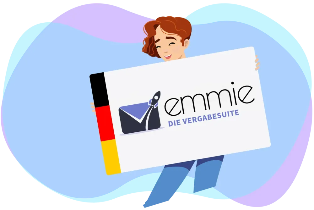EMMIE-Figur mit Plakat in der Hand, auf dem das EMMIE Logo steht
