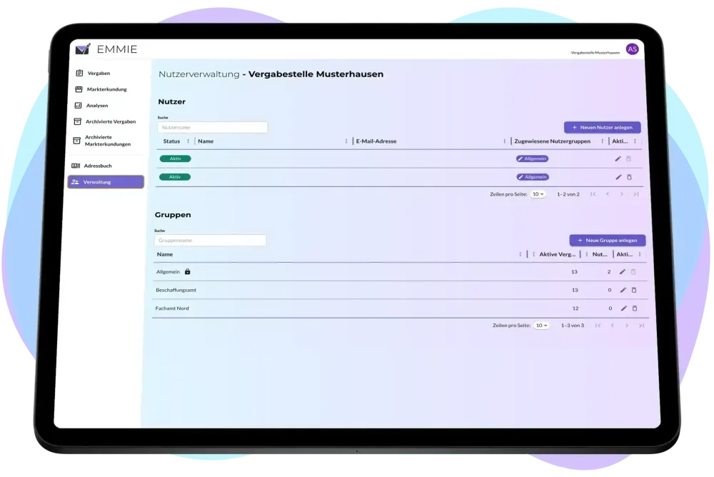 EMMIE Administration Screenshot der EMMIE-Plattform auf einem iPad mit User-Übersicht.