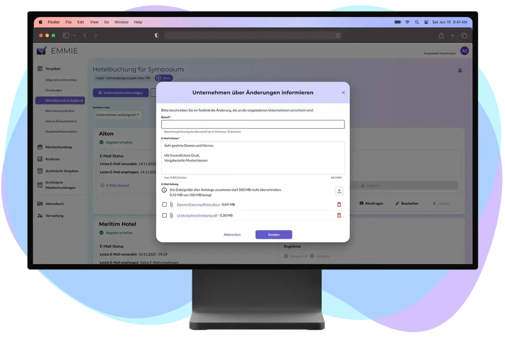 EMMIE Direktkauf Änderungen Screenshot der EMMIE-WebApp mit Eingabemaske für Änderungen an Unternehmen.