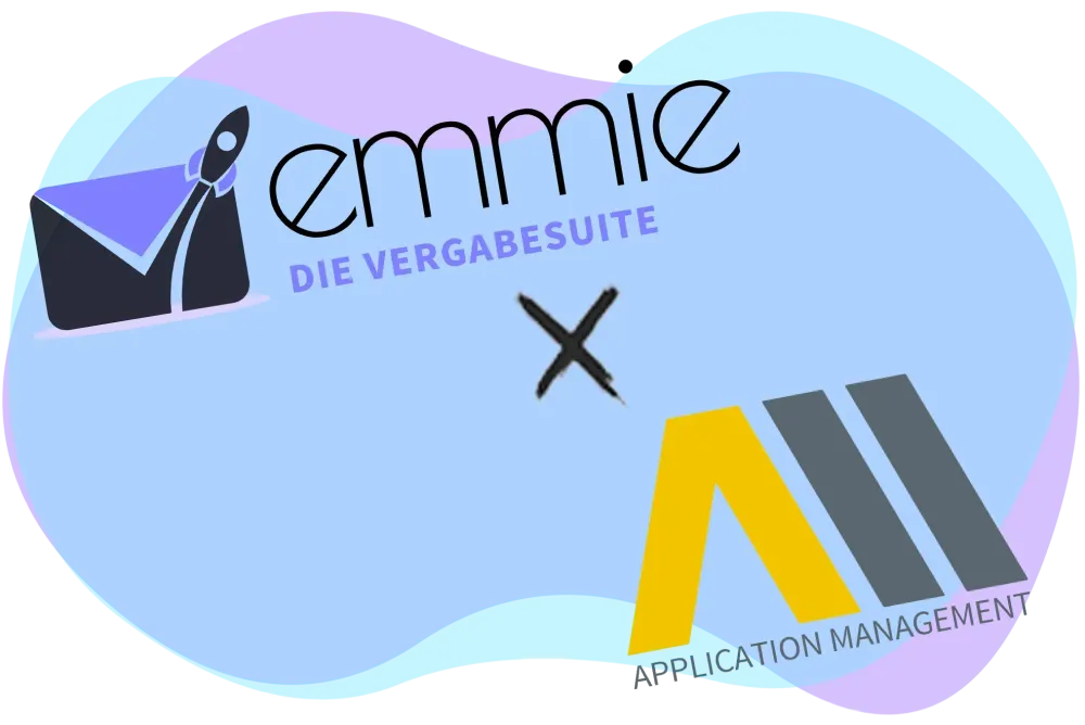 EMMIE-Schriftzug mit Emblem und das Logo der AM GmbH vor einer bunten Fläche.