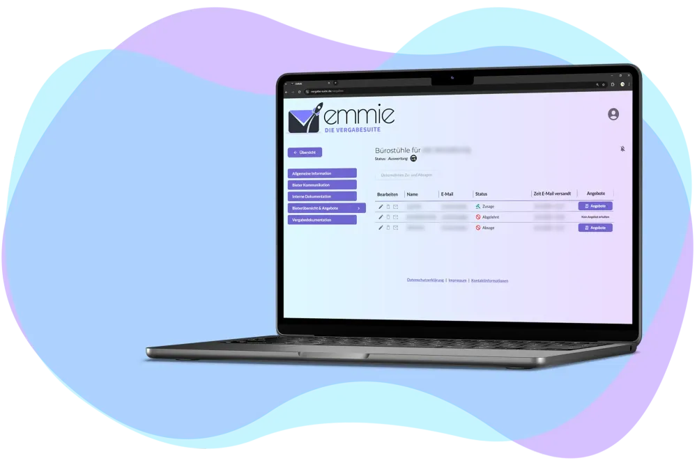 Screenshot der EMMIE-Plattform mit der Angebotstabelle für eine Vergabe.