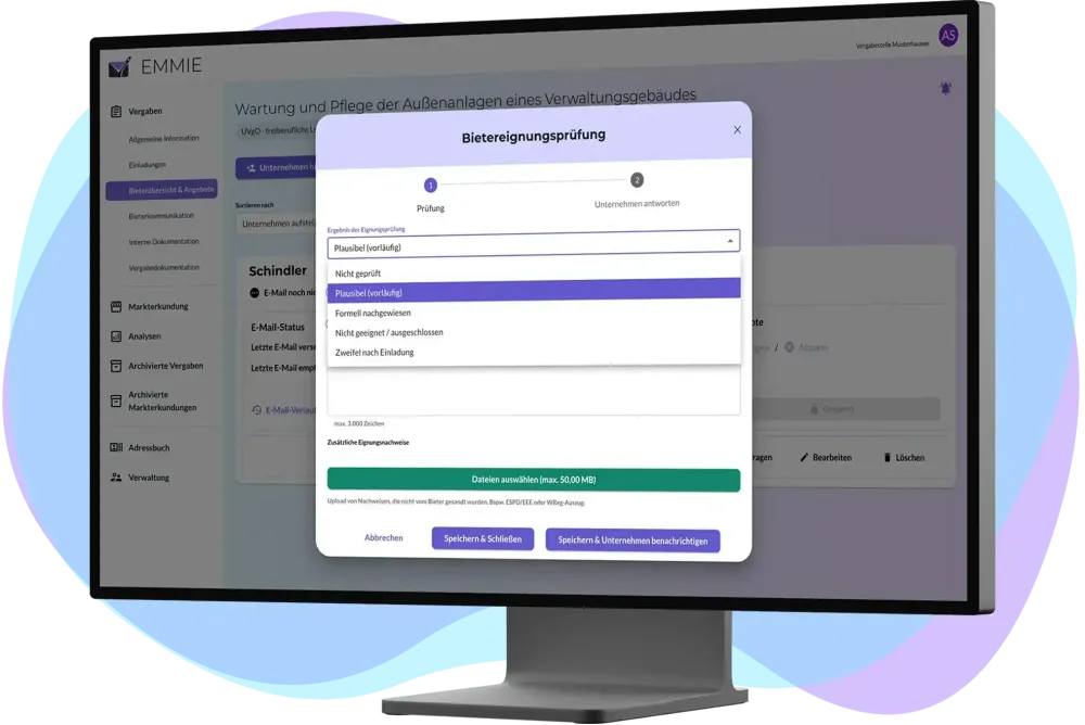 Bietereignungsprüfung mit EMMIE Monitor mit EMMIE-Screenshot zur Eingabe einer Bietereignungsprüfung.