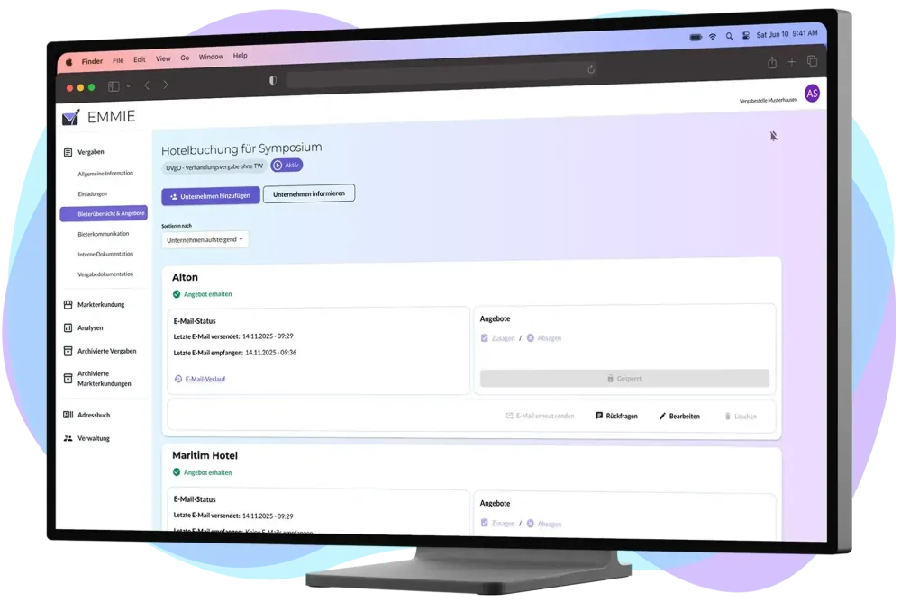 EMMIE Bieterübersicht EMMIE-Screenshot mit der Bieterübersicht für eine Vergabe nach UVgO.