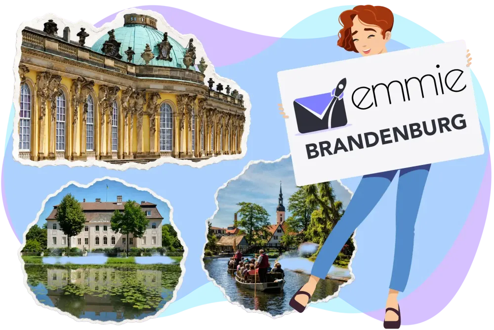 EMMIE-Figur mit Schriftzug und Logo neben Sehenswürdigkeiten aus Brandenburg.