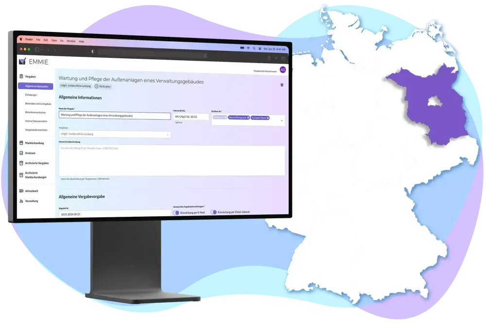 EMMIE-Screenshot links und Deutschlandkarte mit Brandenburg als Highlight rechts.
