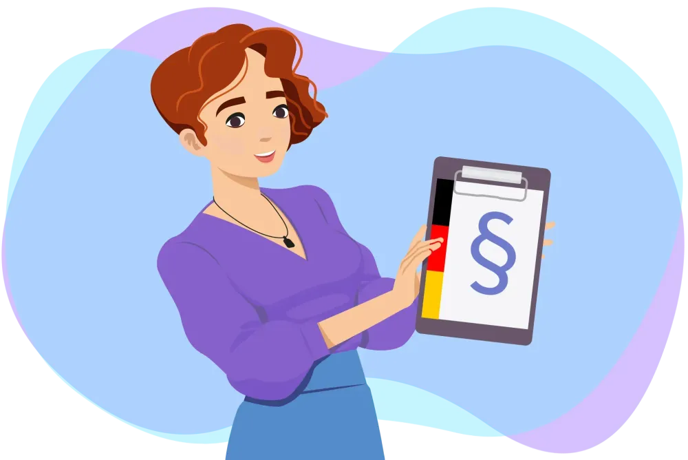EMMIE-Figur mit Klemmbrett und Paragraph in der Hand