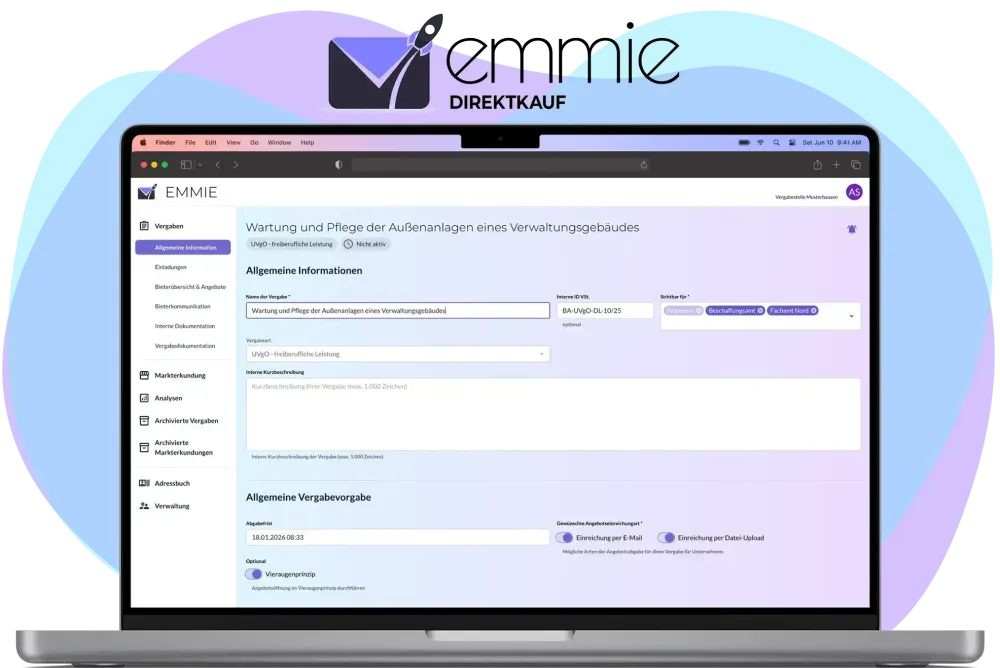 Screenshot der EMMIE Direktauftrag-Eingabemaske auf einem Laptop, mit EMMIE Direktkauf Logo oben.