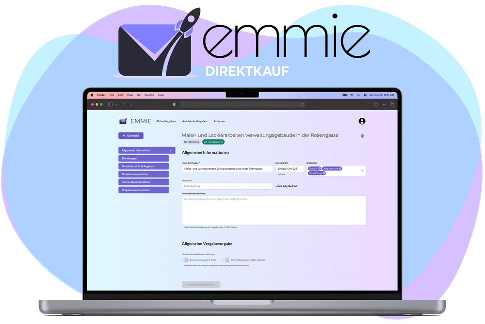 Screenshot der EMMIE Direktauftrag-Maske auf einem Laptop, mit EMMIE Direktkauf Logo oben.