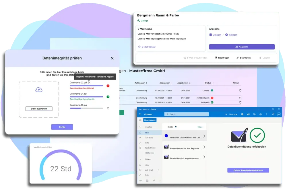 Mehrere Screenshots aus der EMMIE-WebApp vor einem bunten Hintergrund.
