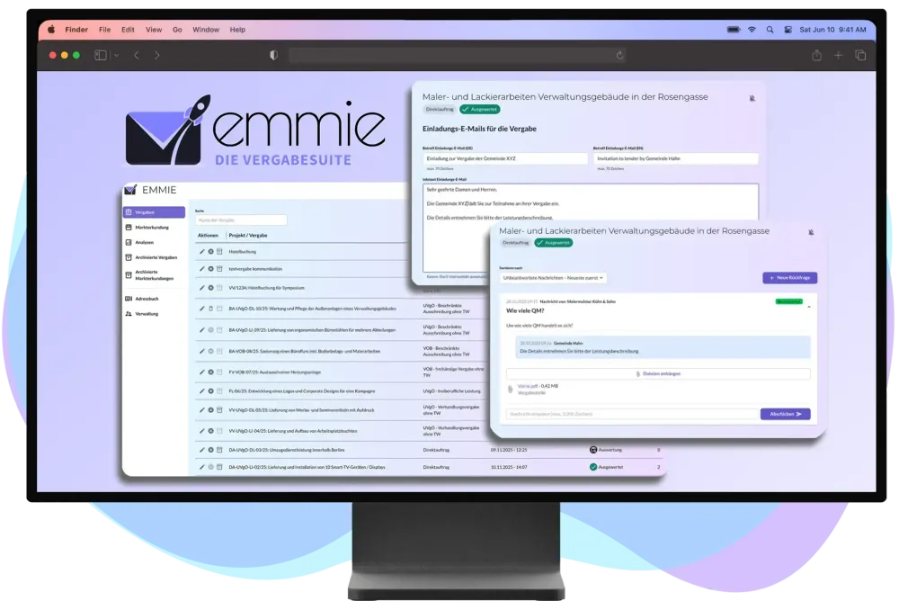 EMMIE Funktionen Screenshot der EMMIE Vergabe-Plattform mit Übersicht wichtiger Funktion.