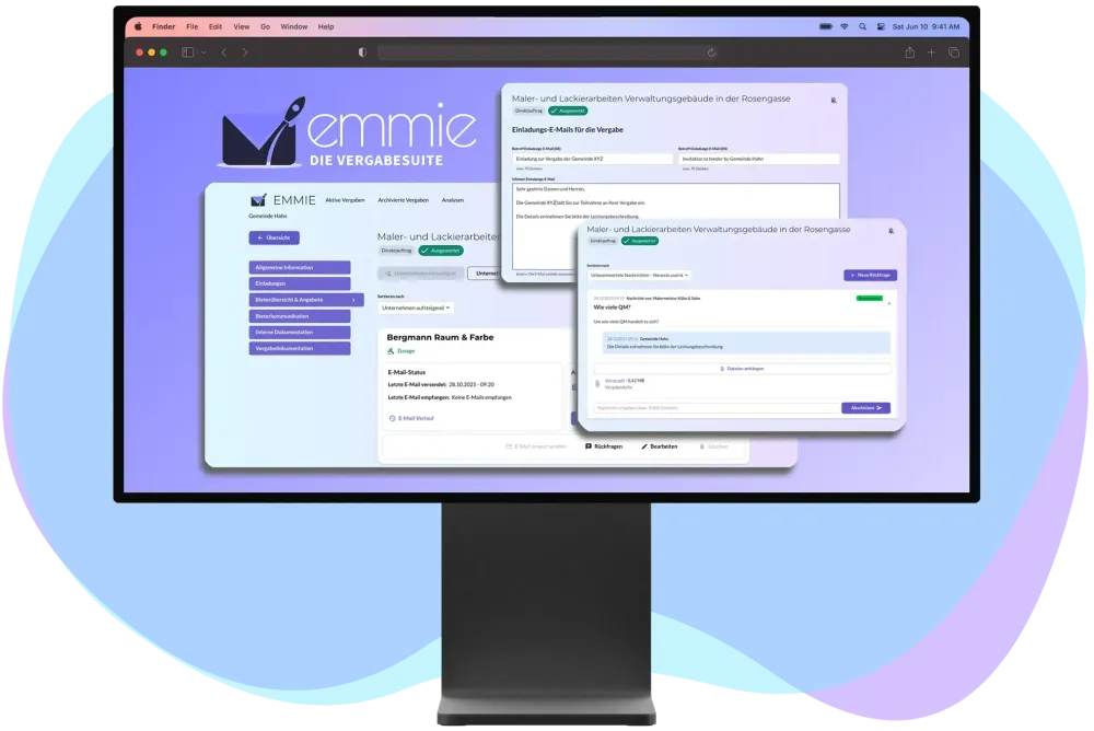 Screenshot der EMMIE Vergabe-Plattform mit Übersicht wichtiger Funktion.