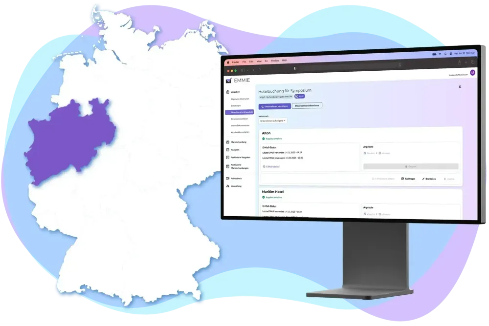 Deutschlandkarte mit NRW hervorgehoben, rechts ein EMMIE-Screenshot für Nordrhein-Westfalen.