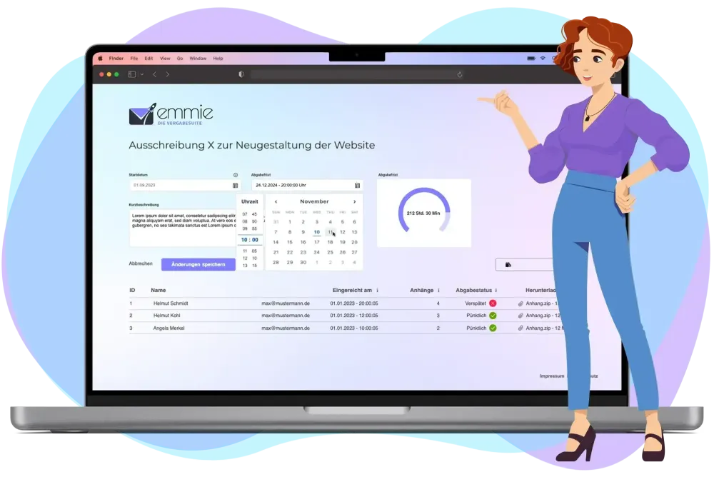 Screenshot aus der EMMIE-WebApp mit Eingabemasken und Vergabeinformationen.