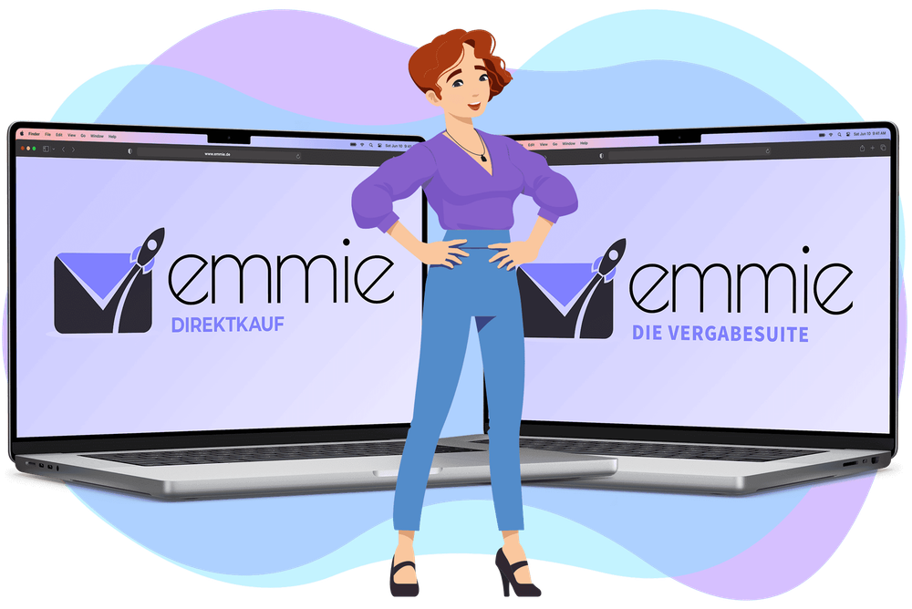 EMMIE Figur mit zwei Notebooks und Logos der EMMIE Produkte VergabeSuite und Direktkauf.