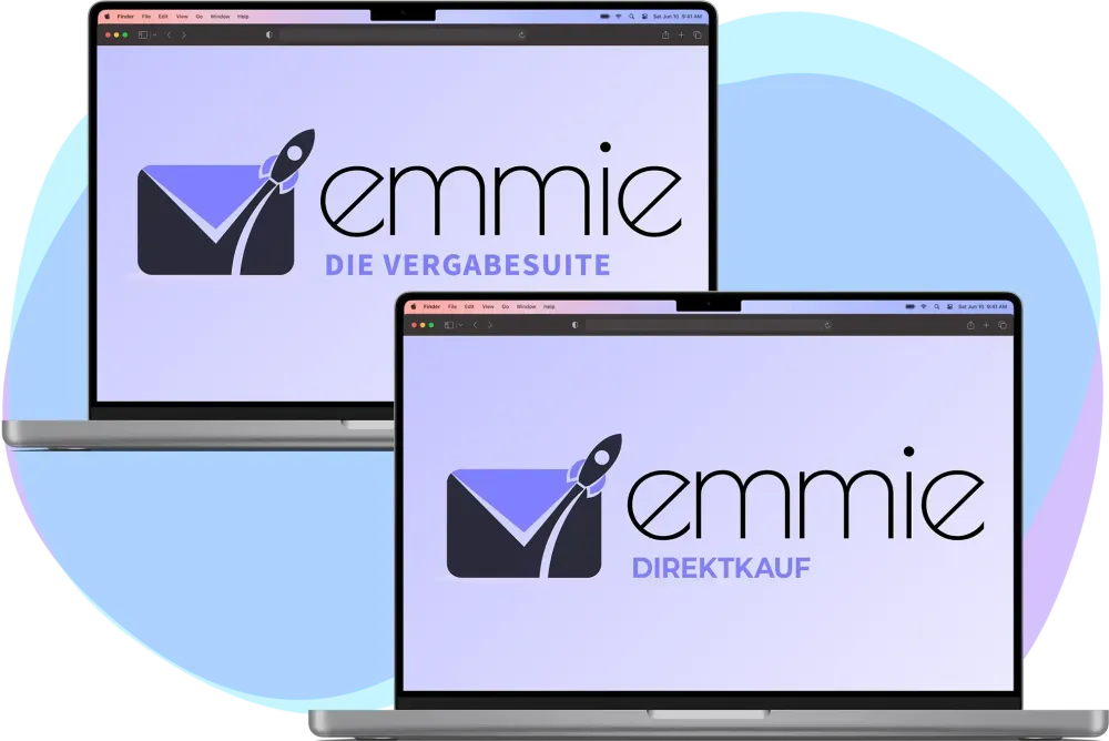 EMMIE Lizenzen Varianten Zwei Notebooks mit den Logos der beiden EMMIE Produkte VergabeSuite und Direktkauf.
