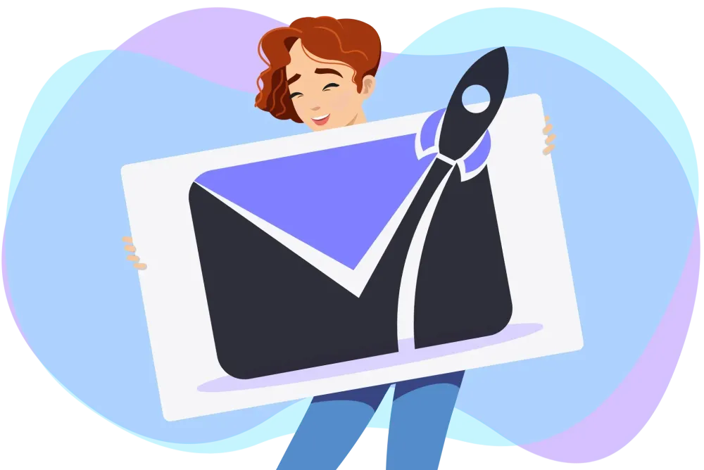 Zufrieden blickende EMMIE-Figur mit EMMIE-Emblem auf buntem Hintergrund.