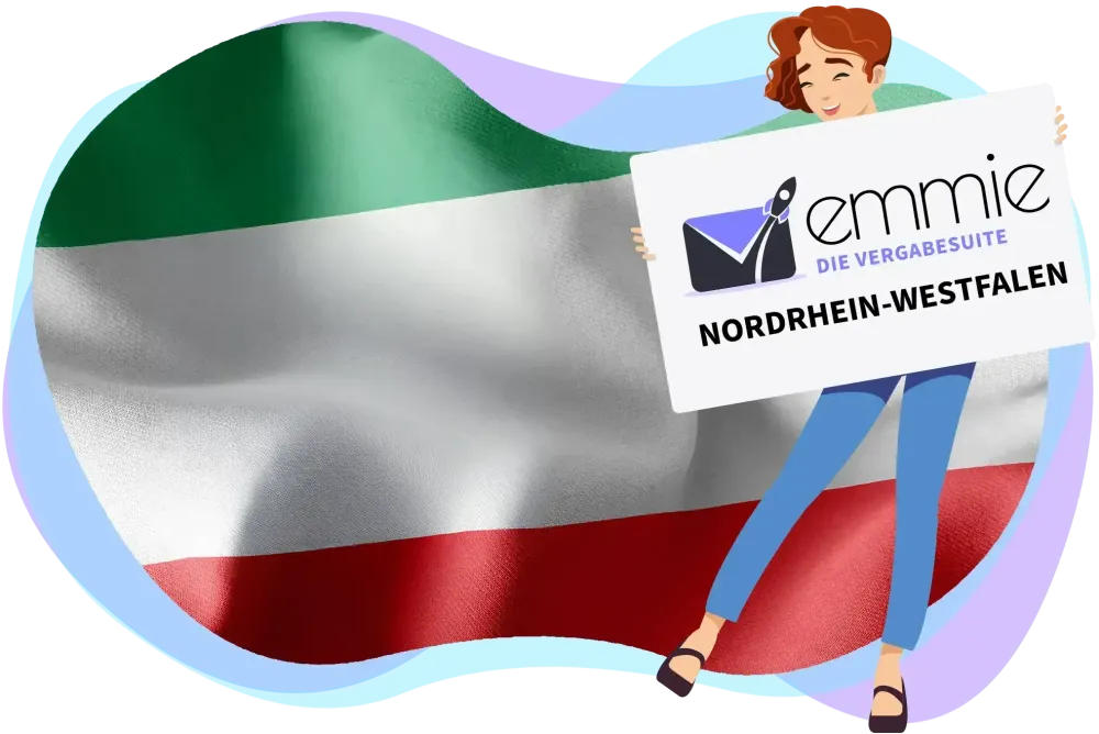 EMMIE-Figur mit Logo und Schriftzug vor den Landesfarben von Nordrhein-Westfalen.