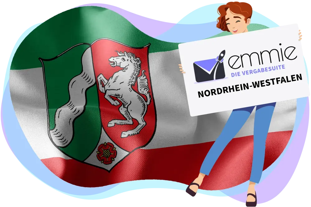 EMMIE VergabeSuite Nordrhein-Westfalen EMMIE-Figur mit Logo und Schriftzug vor den Landesfarben von Nordrhein-Westfalen.