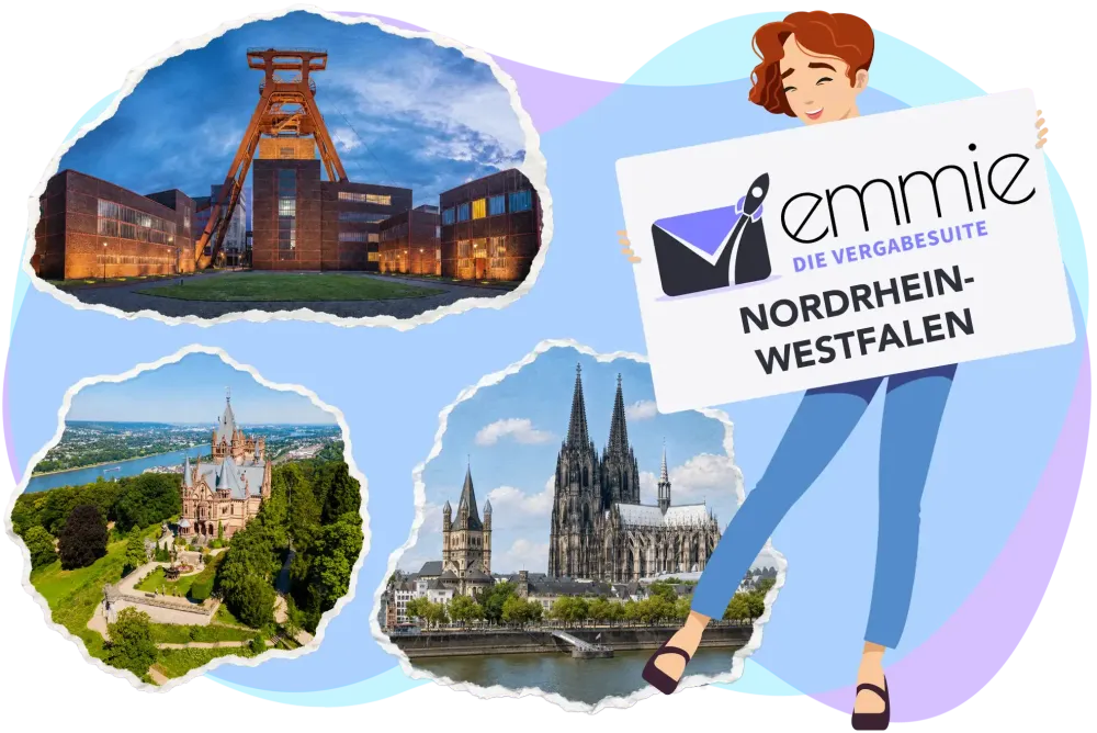 EMMIE-Figur mit Logo und Schriftzug neben Sehenswürdigkeiten aus Nordrhein-Westfalen.
