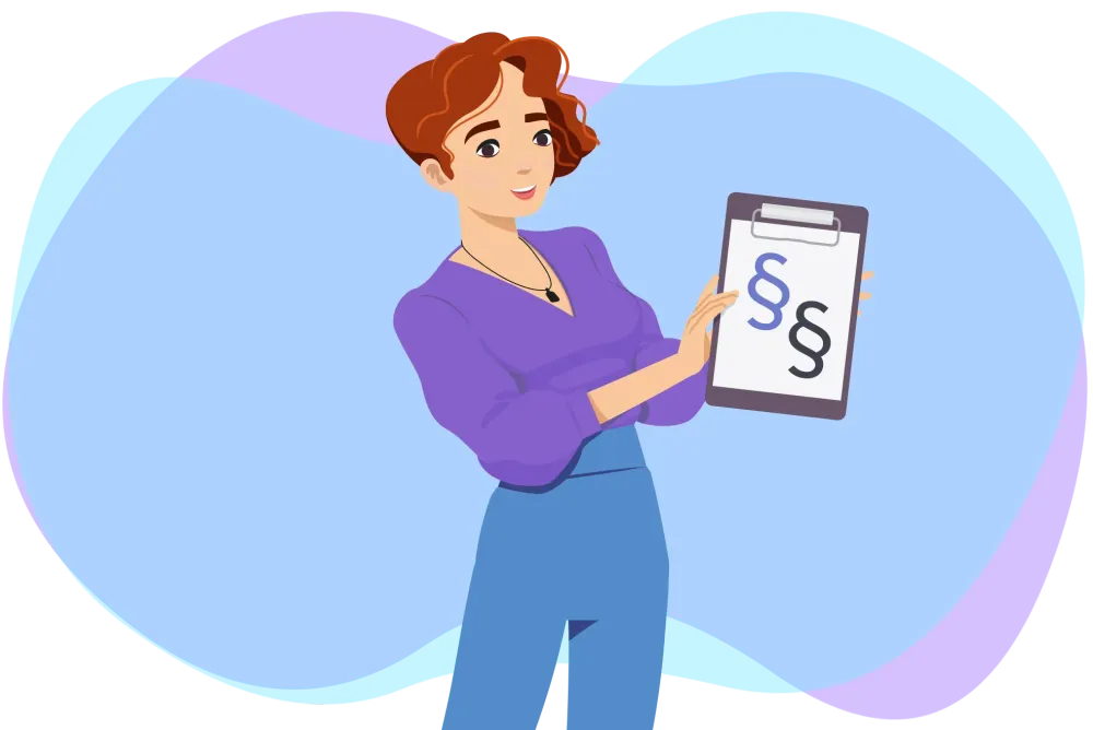 EMMIE Figur mit Klemmbrett und Paragraphen vor buntem Hintergrund.