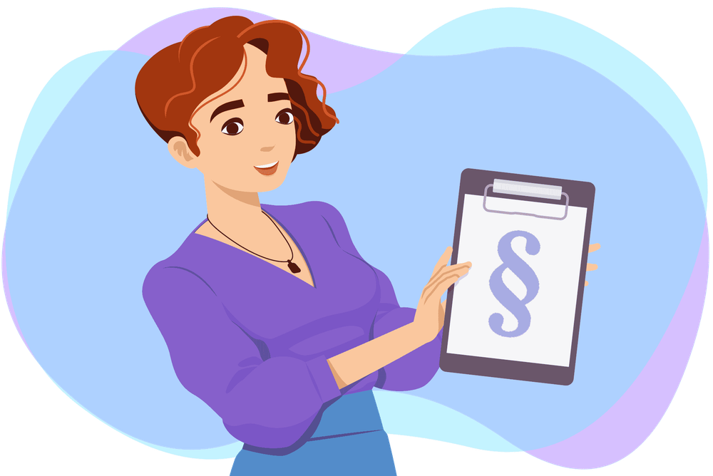 EMMIE Figur mit Klemmbrett und Symbol für Rechtskonformität digitaler Vergaben mit EMMIE.