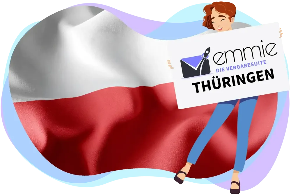 Figur mit EMMIE-Logo und Schriftzug vor den Landesfarben von Thüringen.