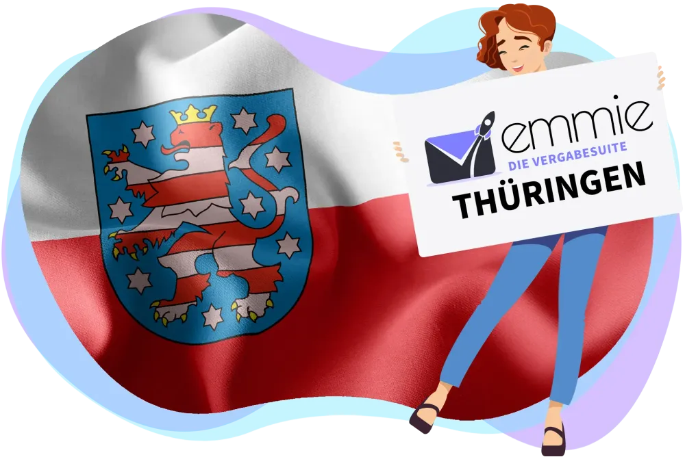 Figur mit EMMIE-Logo und Schriftzug vor den Landesfarben von Thüringen.