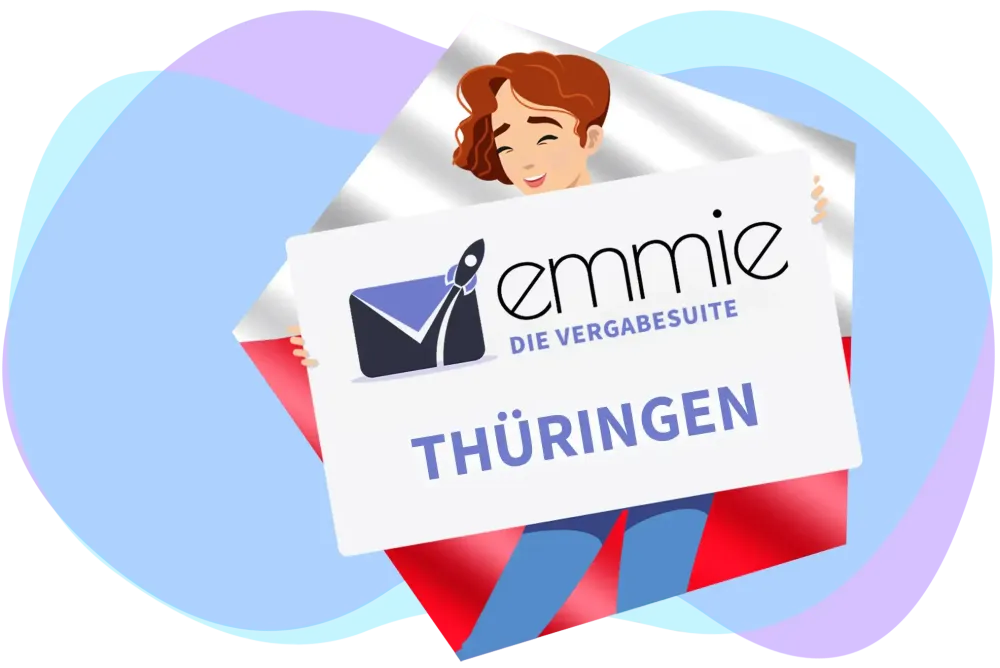 Figur mit EMMIE-Logo und Schriftzug vor den Landesfarben von Thüringen.