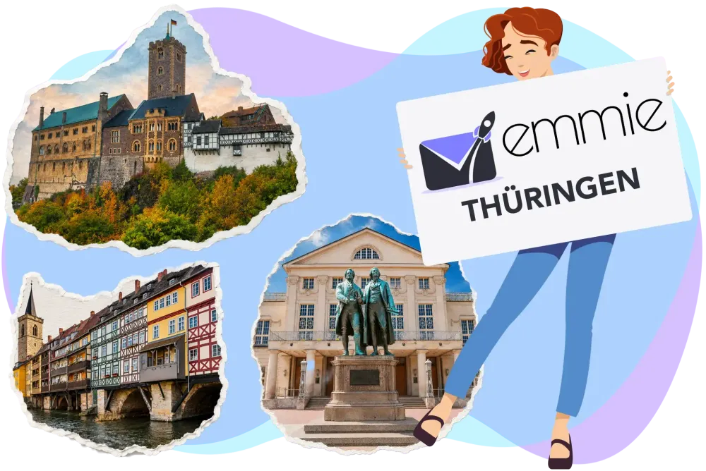 Figur mit EMMIE-Logo und Schriftzug vor Sehenswürdigkeiten in Thüringen.