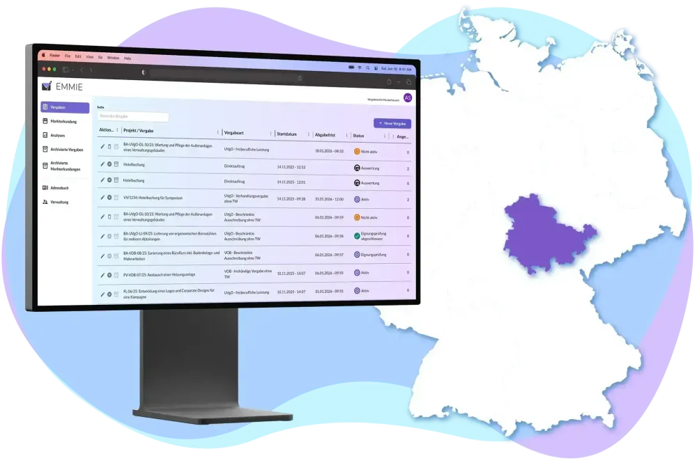 Monitor mit EMMIE-Screenshot und Deutschlandkarte mit Thüringen als Highlight.