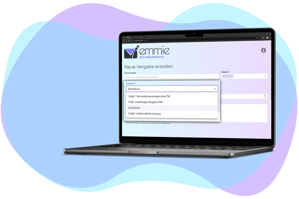 Screenshot der Eingabemaske in EMMIE für Vergabestellen in Thüringen.