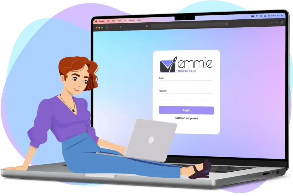 Sitzende EMMIE Figur mit Laptop und EMMIE-Login-Eingabemaske.