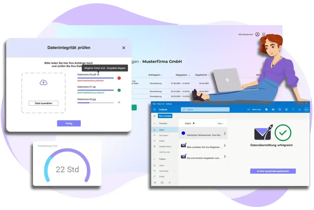 Screenshot verschiedener Features aus der EMMIE-Vergabe-Plattform.