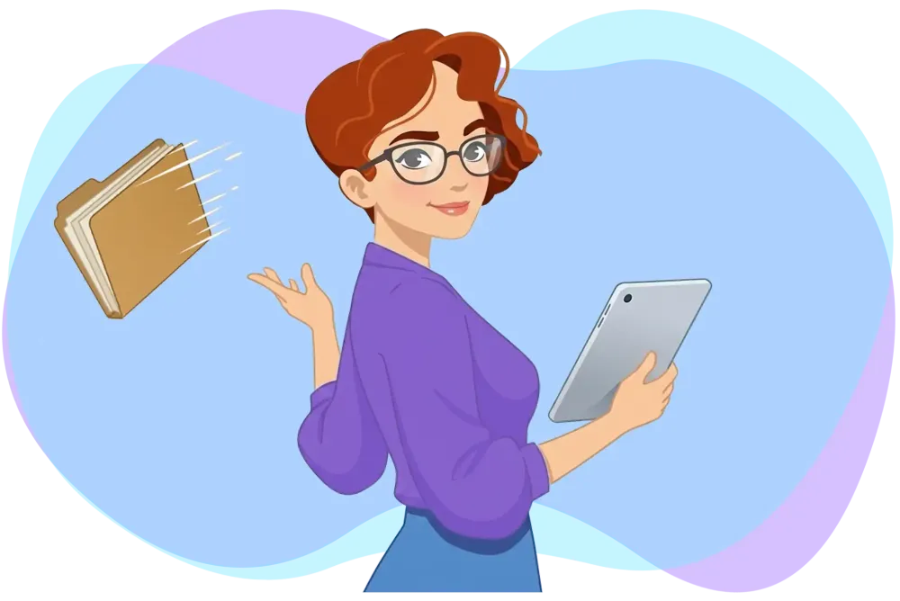 EMMIE-Figur mit Tablet, die einen Aktenordner wegwirft, auf buntem Hintergrund.