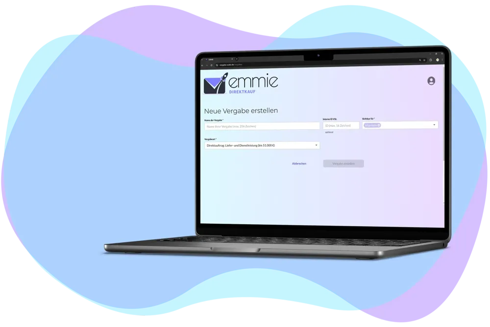 Screenshot aus der EMMIE WebApp mit Eingabemaske für eine neue Vergabe.
