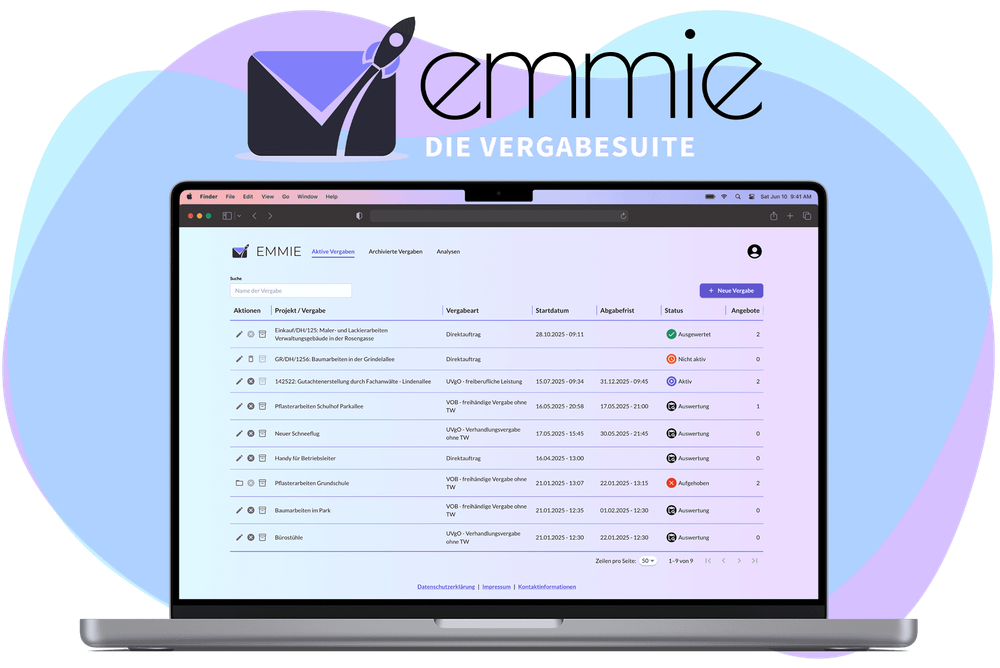Screenshot von Vergabe-Tabellen in der EMMIE Online-Vergabe-Management-Plattform.