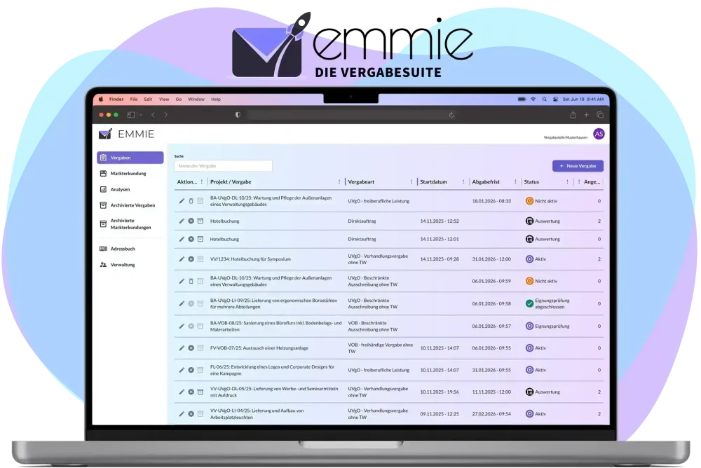 Screenshot von Vergabe-Tabellen in der EMMIE Online-Vergabe-Management-Plattform.