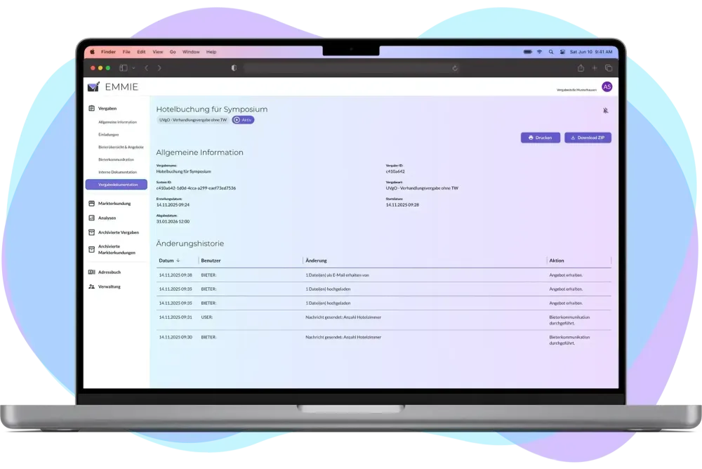 EMMIE interne Dokumentation Screenshot aus der EMMIE-WebApp mit Ansicht der internen Dokumentation.