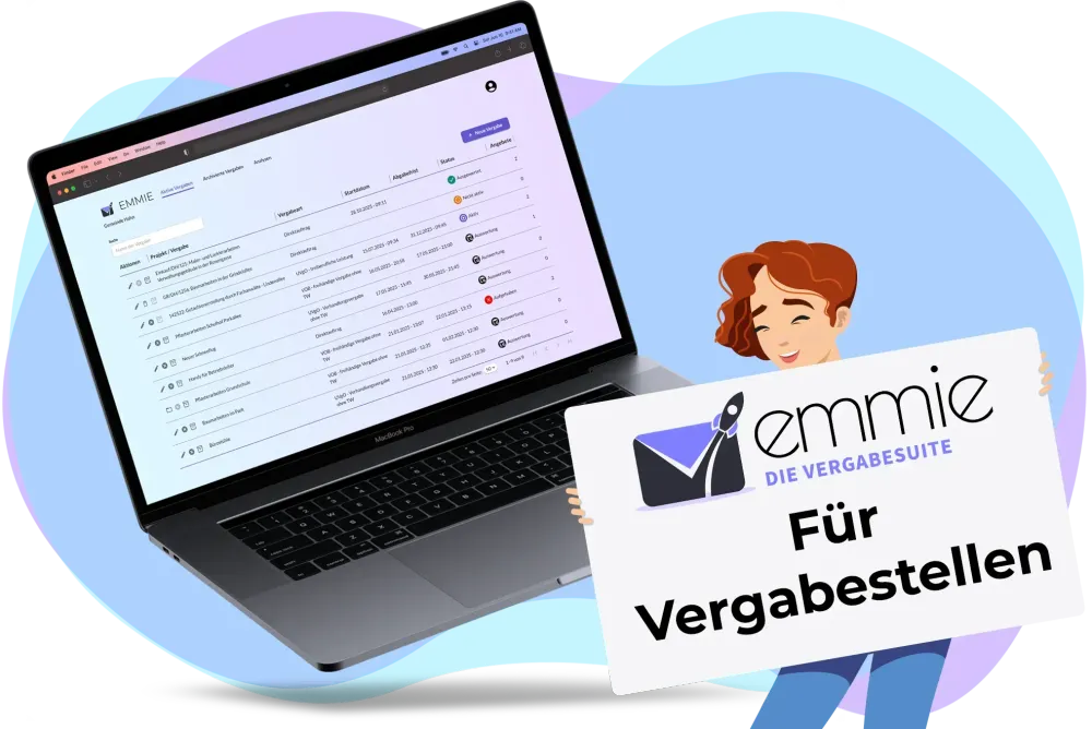 Screenshot aus der EMMIE-WebApp mit EMMIE-Figur und Schriftzug rechts.