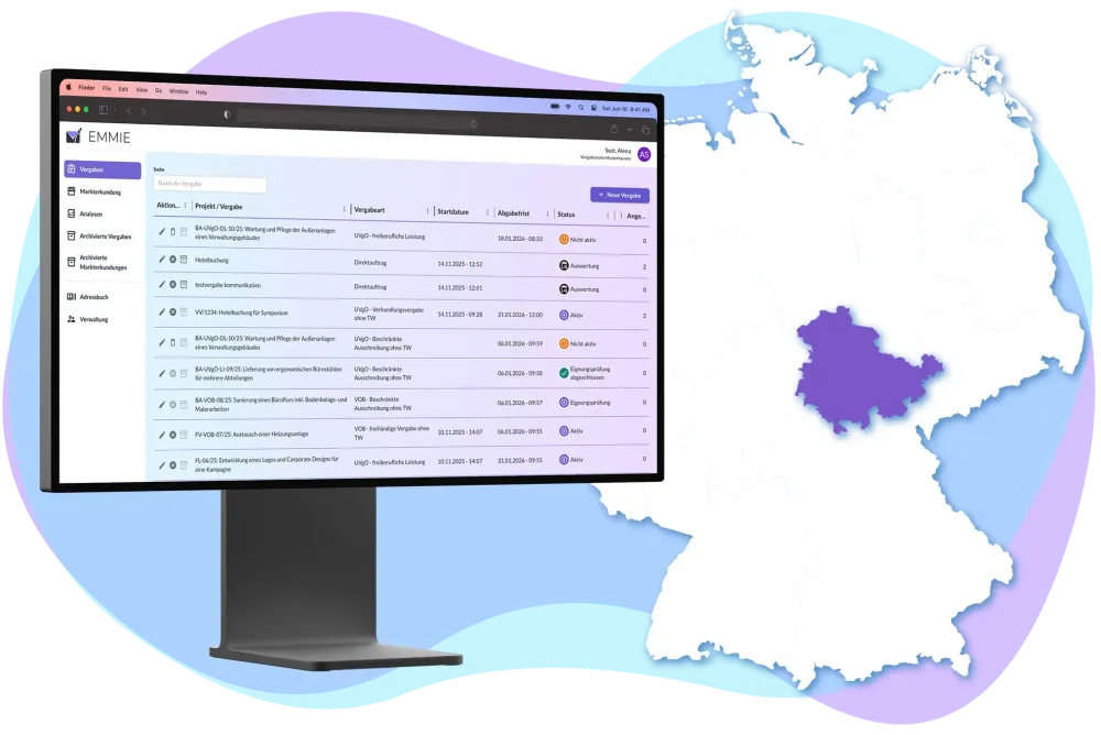 Monitor mit Emmie Screenshot und Deutschlandkarte mit Thüringen als Highlight