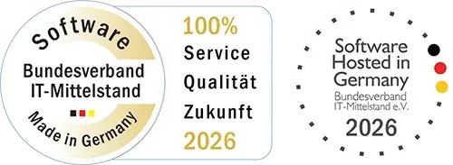 Software Made in Germany 206 Zertifikat Software Made in Germany 2026 für die EMMIE Online-Vergabe-Management-Plattform.